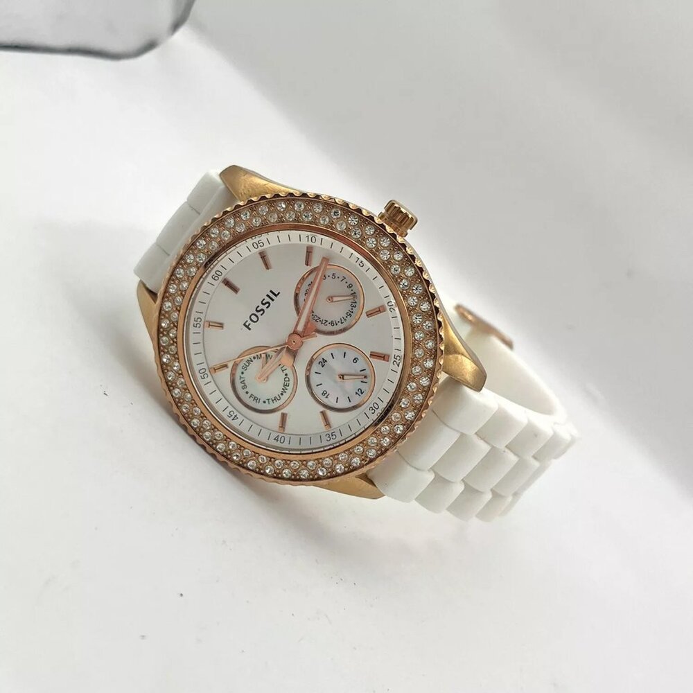 Fossil Multi Function Day Date Watch ES3104 Rose Gold Crystal Bezel 37mm